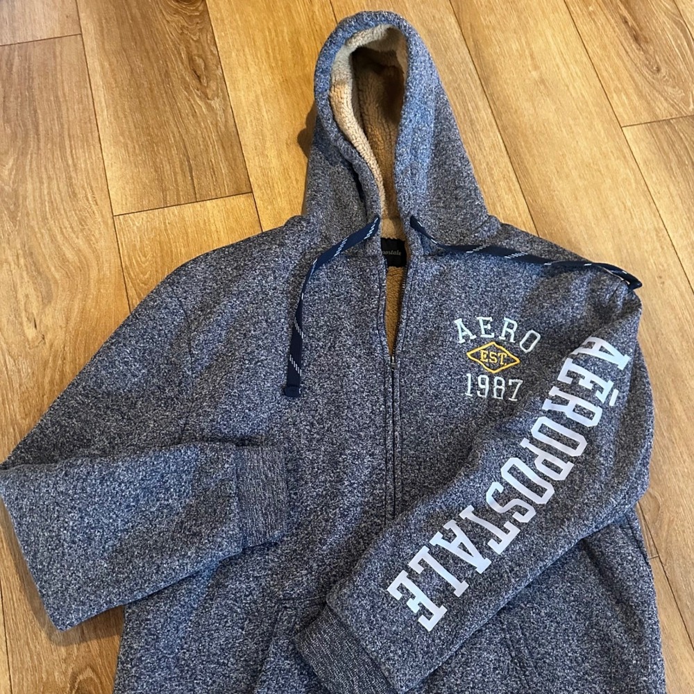 Aeropostale Mens 3XL Sherpa Lined Full Zip Hoodie Blue Marl Aero 1987 Logo